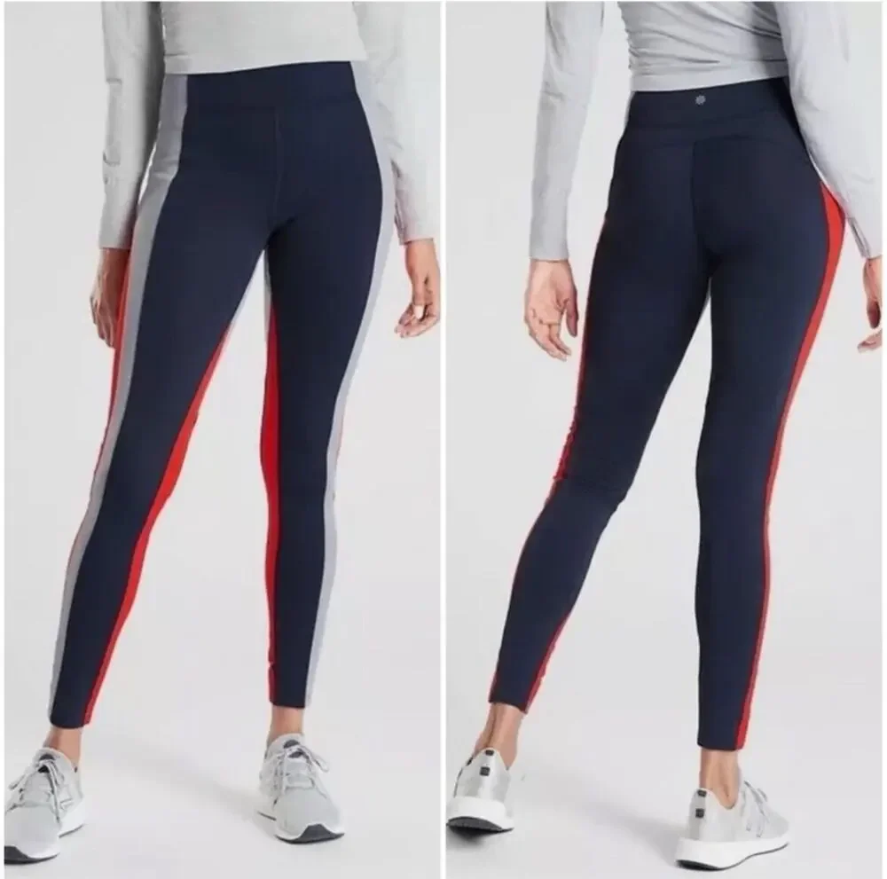 Athleta Leggings Womens Large Blue Red Crest Colorblock Athletic Run Sporty Yoga